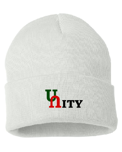 White Beanie with Cuff (Green and Red Design)