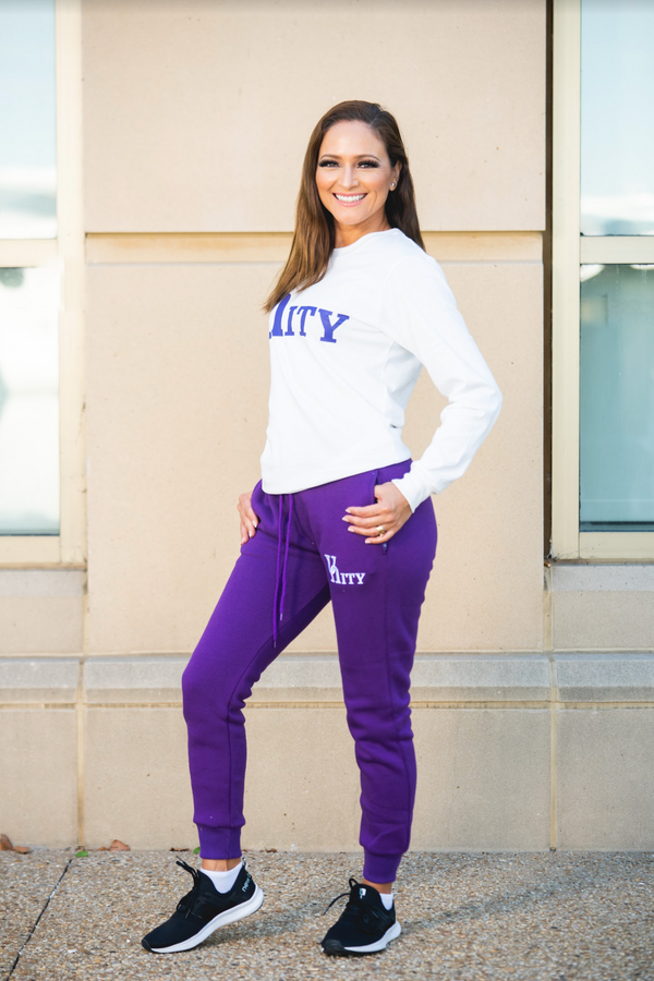 Ladies Long Sleeve Tee White with Purple Logo – myunitygear